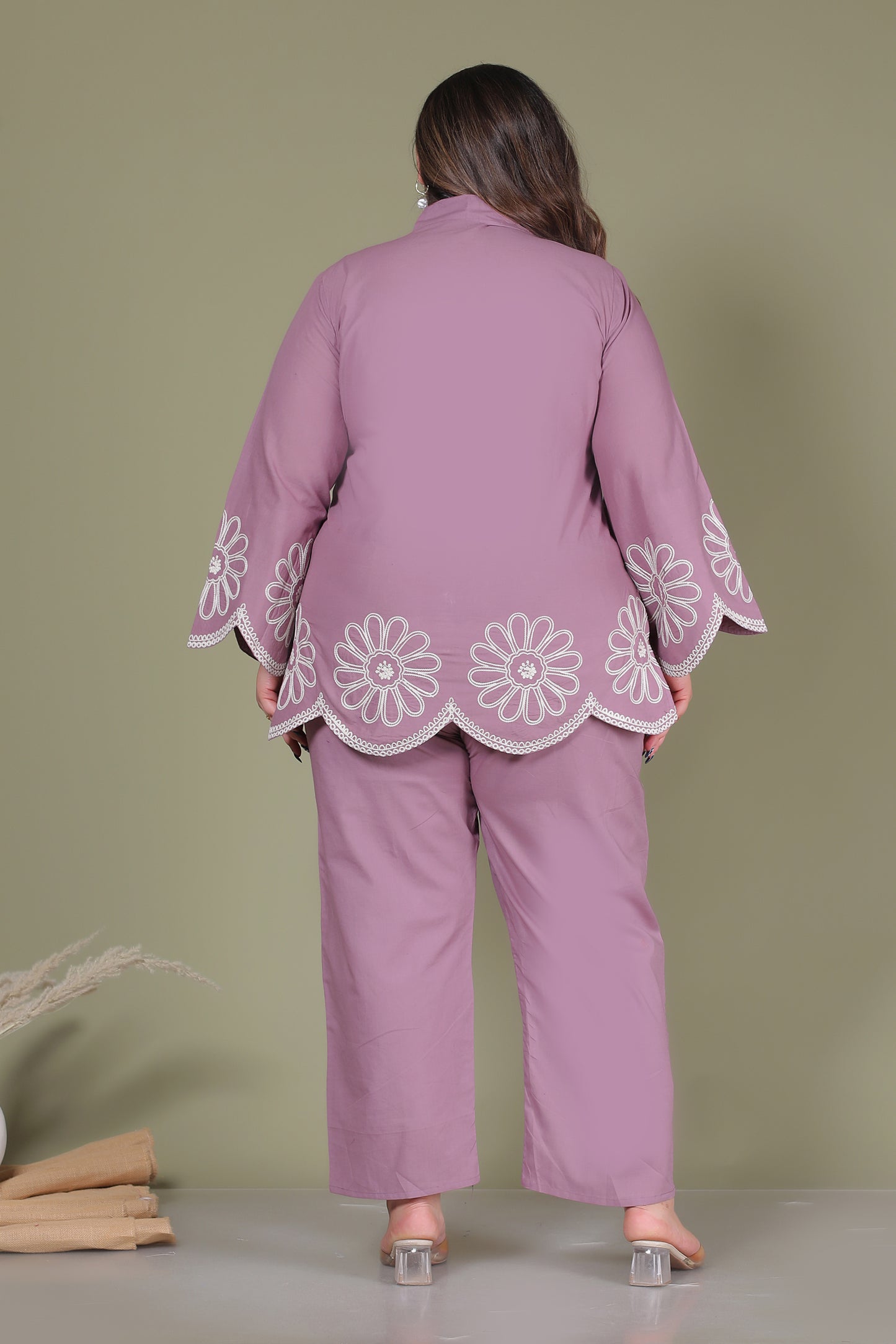 SOLID FLORAL EMBROIDERY COTTON CO-ORD SET IN LAVENDER BY PLUSSIZEKURTI