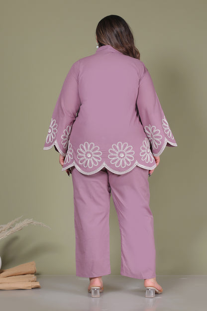 SOLID FLORAL EMBROIDERY COTTON CO-ORD SET IN LAVENDER BY PLUSSIZEKURTI