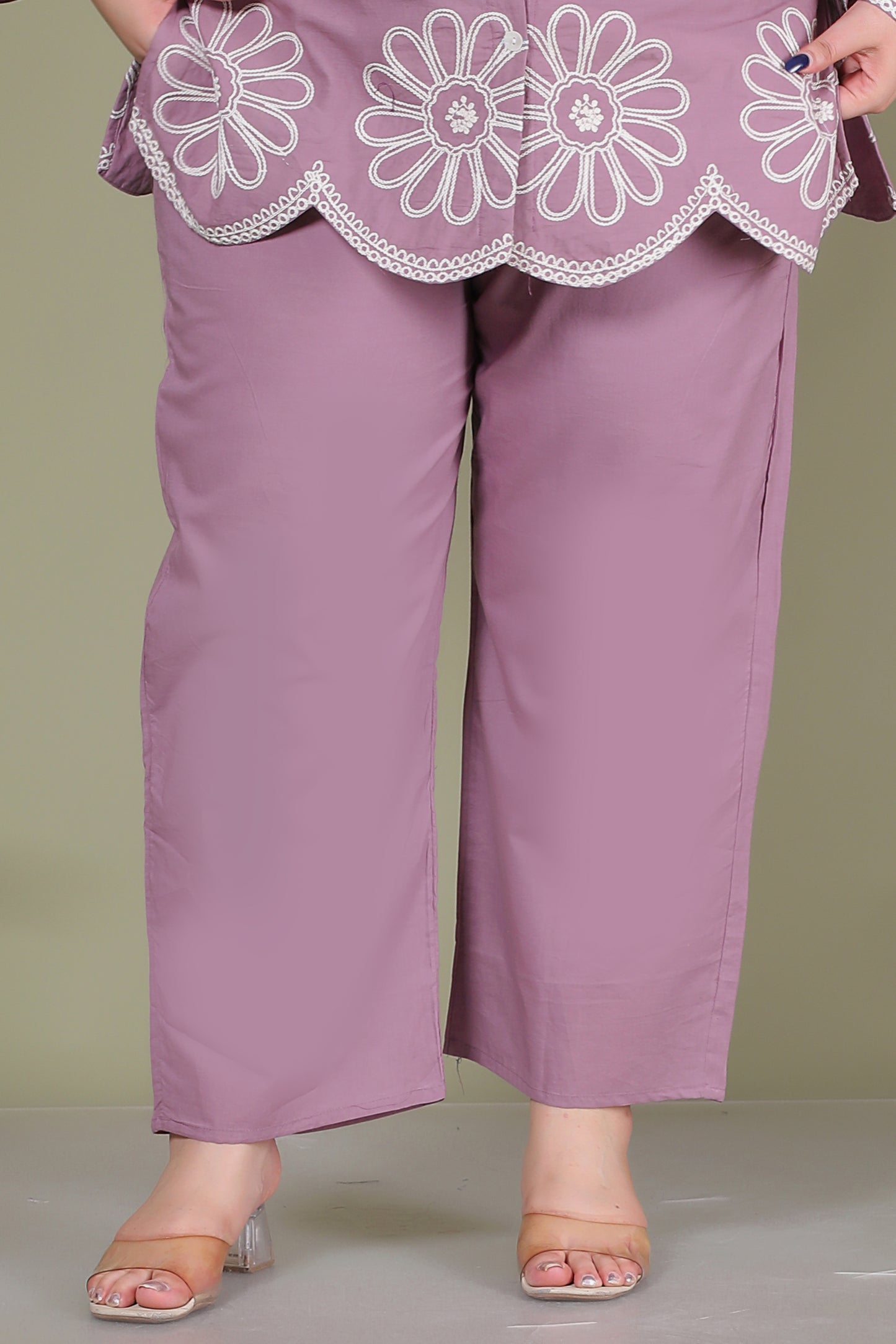 SOLID FLORAL EMBROIDERY COTTON CO-ORD SET IN LAVENDER BY PLUSSIZEKURTI