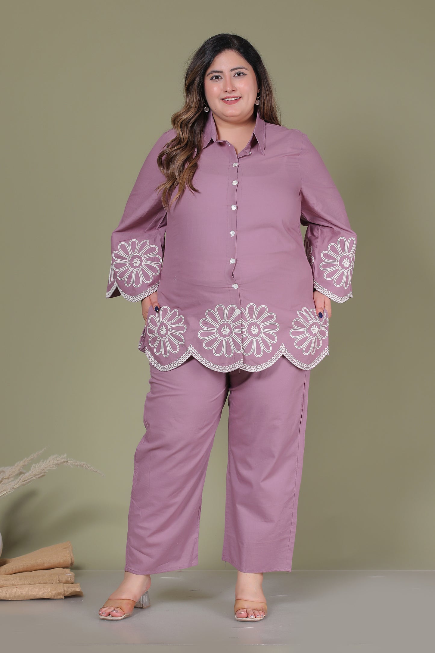SOLID FLORAL EMBROIDERY COTTON CO-ORD SET IN LAVENDER BY PLUSSIZEKURTI