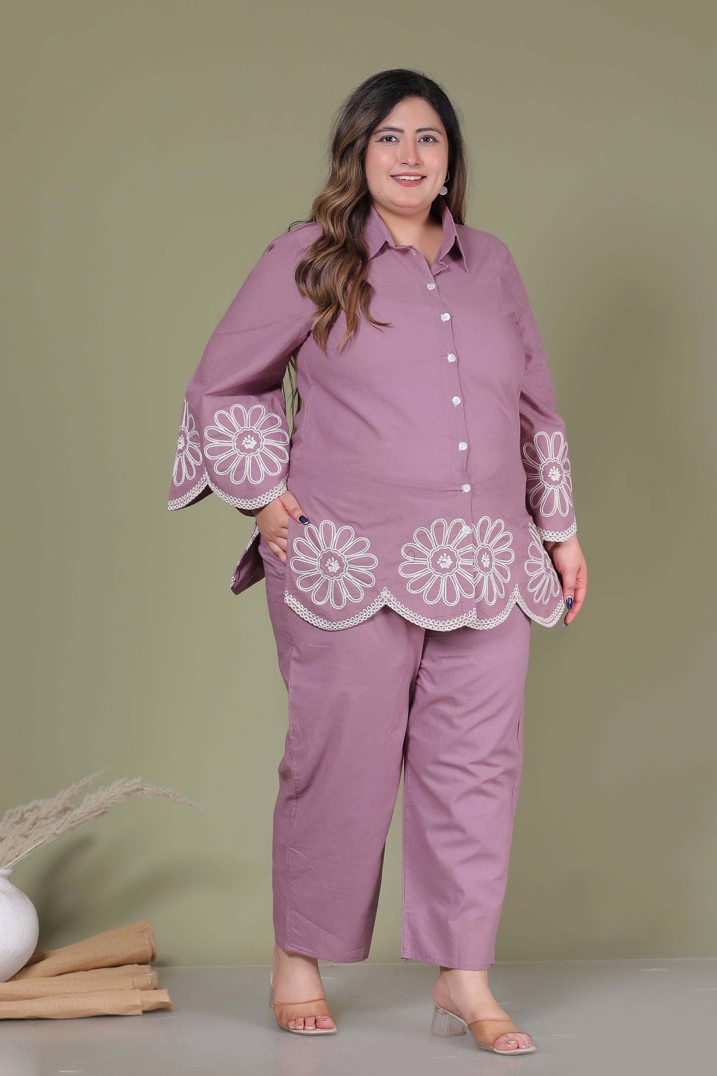SOLID FLORAL EMBROIDERY COTTON CO-ORD SET IN LAVENDER BY PLUSSIZEKURTI