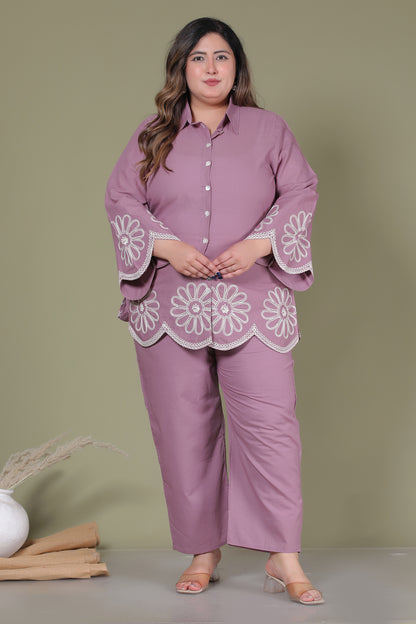SOLID FLORAL EMBROIDERY COTTON CO-ORD SET IN LAVENDER BY PLUSSIZEKURTI