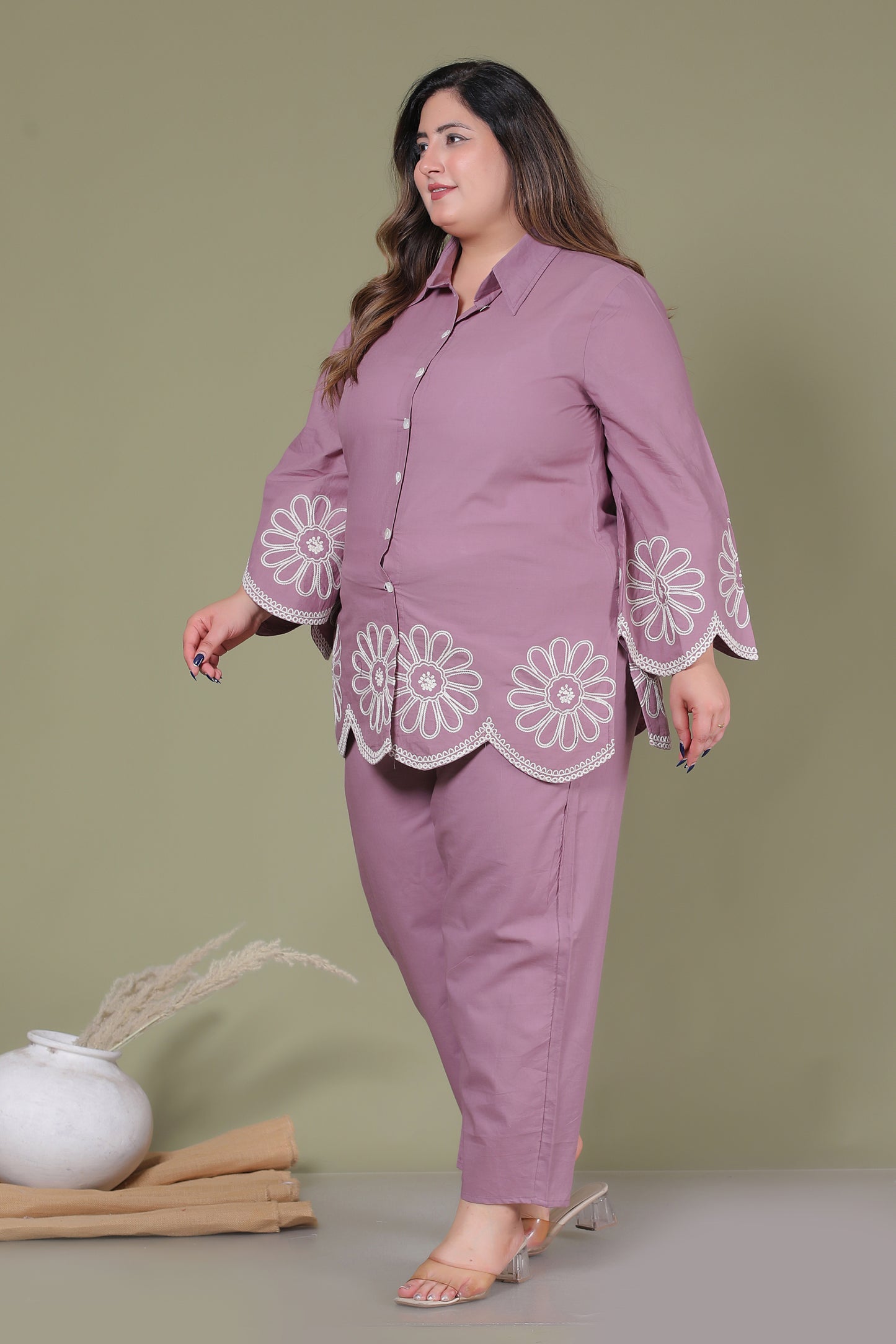 SOLID FLORAL EMBROIDERY COTTON CO-ORD SET IN LAVENDER BY PLUSSIZEKURTI
