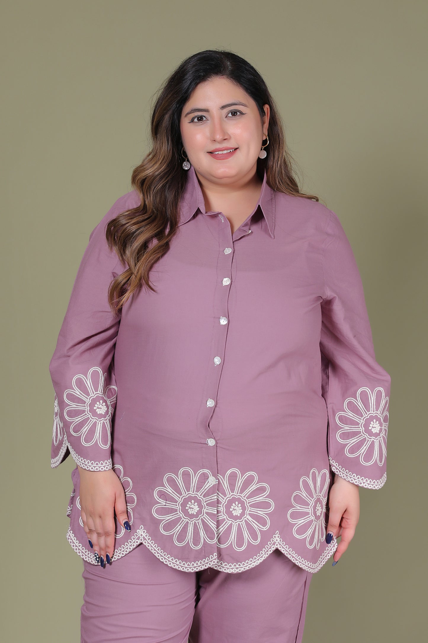 SOLID FLORAL EMBROIDERY COTTON CO-ORD SET IN LAVENDER BY PLUSSIZEKURTI