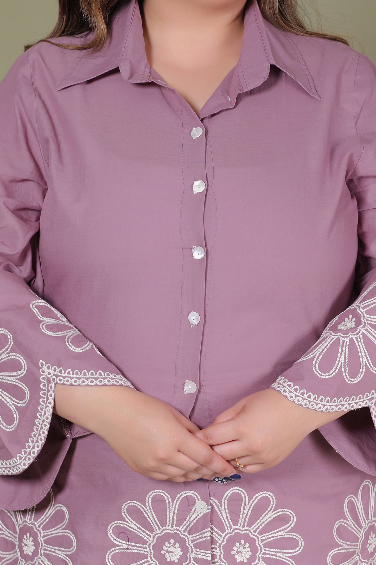 SOLID FLORAL EMBROIDERY COTTON CO-ORD SET IN LAVENDER BY PLUSSIZEKURTI