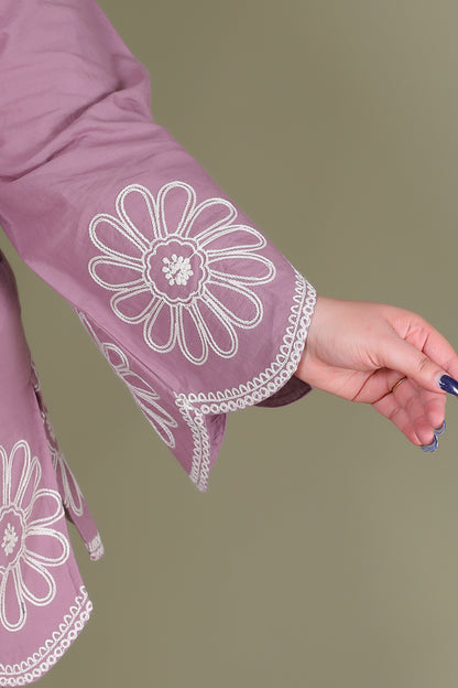 SOLID FLORAL EMBROIDERY COTTON CO-ORD SET IN LAVENDER BY PLUSSIZEKURTI