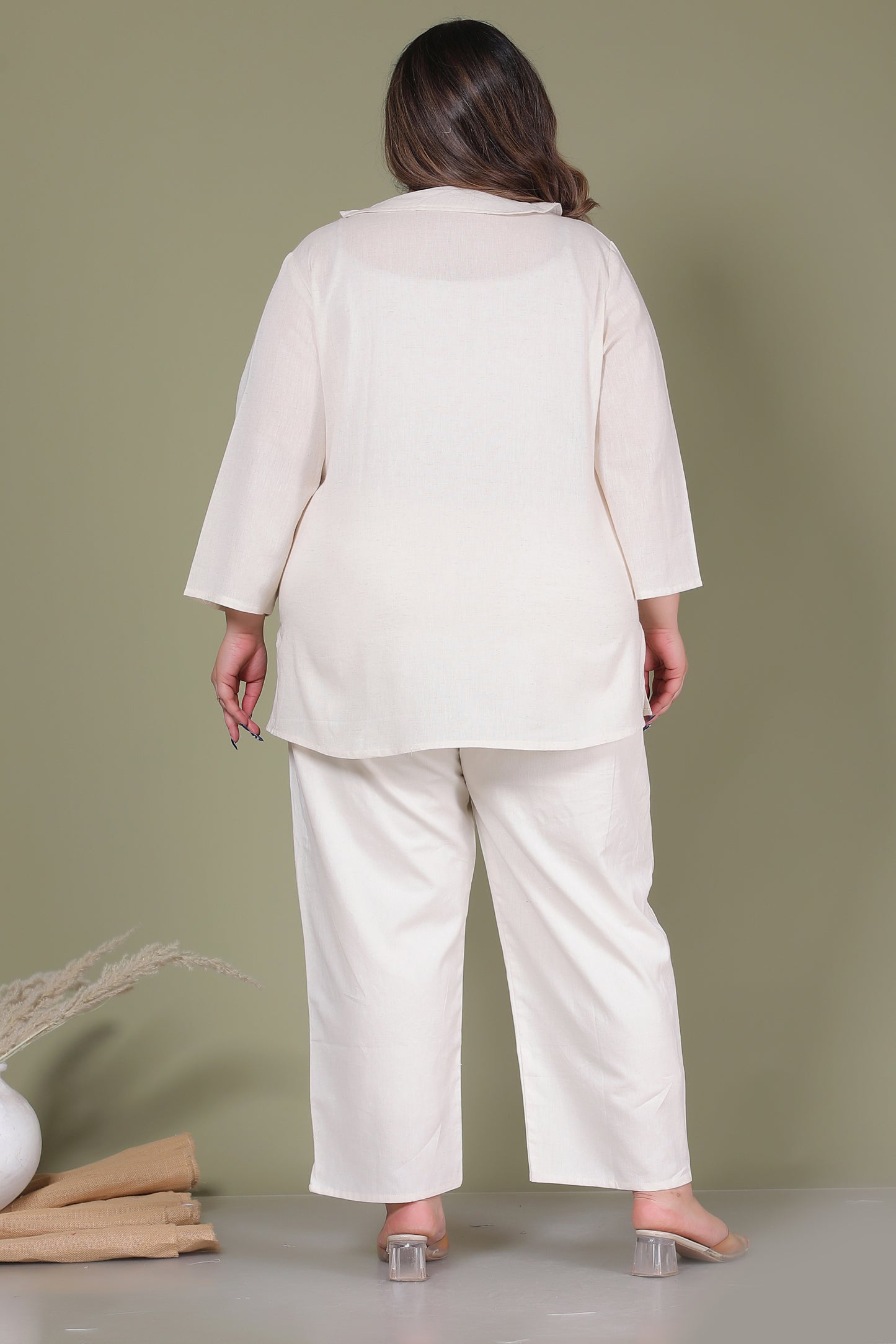 SOLID GEOMETRIC EMBROIDERY COTTON FLEX CO-ORD SET IN OFF WHITE BY PLUSSIZEKURTI