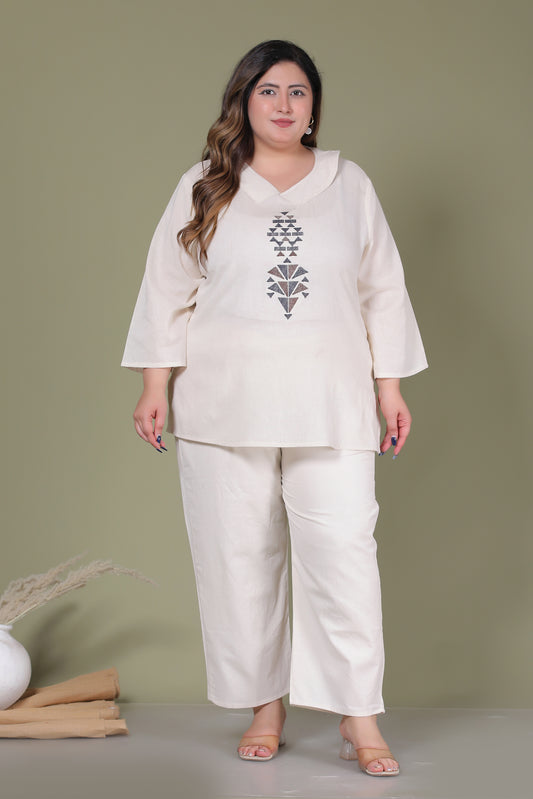 SOLID GEOMETRIC EMBROIDERY COTTON FLEX CO-ORD SET IN OFF WHITE BY PLUSSIZEKURTI