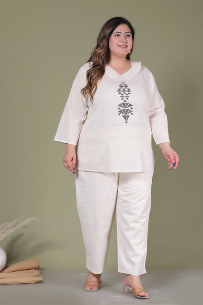 SOLID GEOMETRIC EMBROIDERY COTTON FLEX CO-ORD SET IN OFF WHITE BY PLUSSIZEKURTI