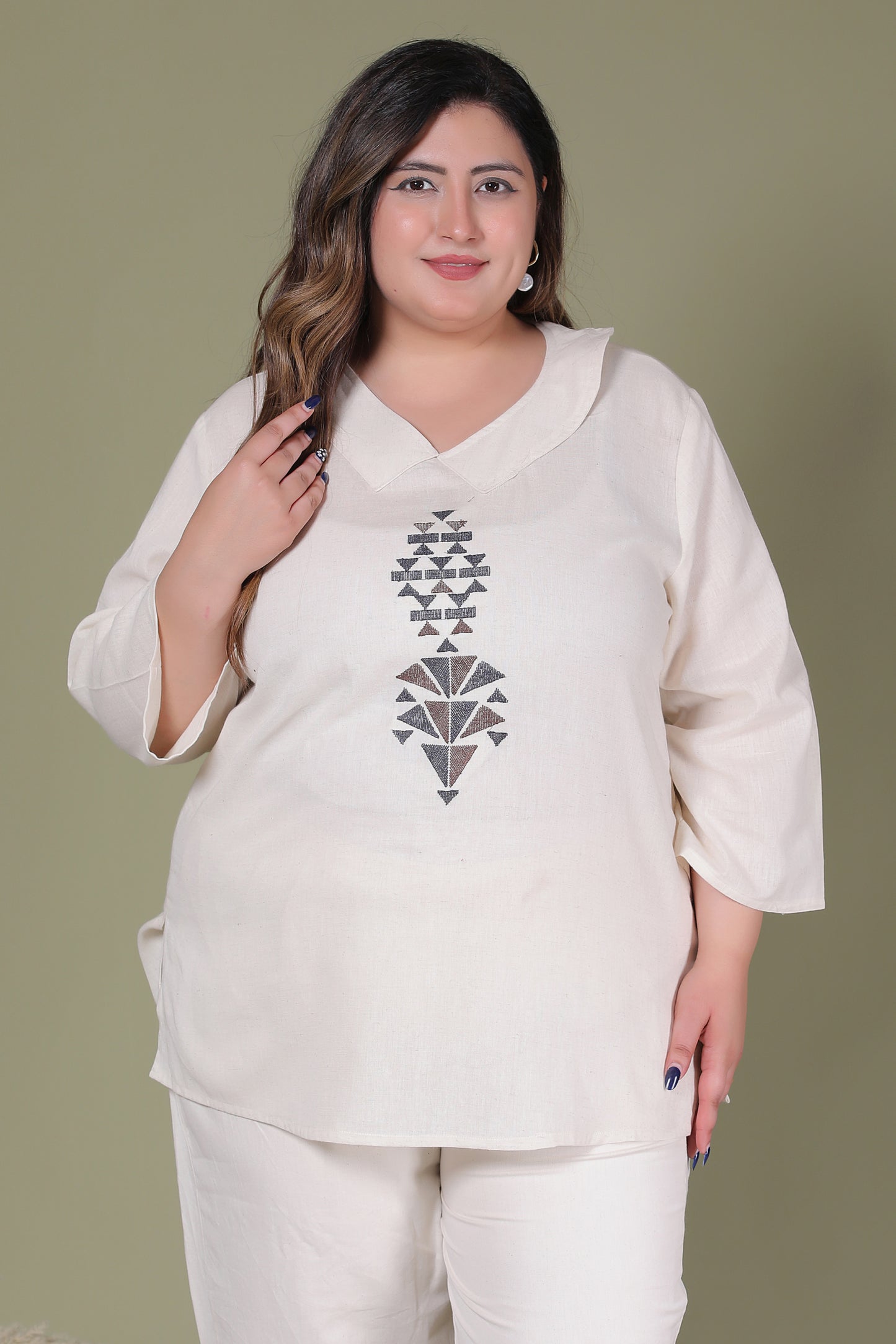 SOLID GEOMETRIC EMBROIDERY COTTON FLEX CO-ORD SET IN OFF WHITE BY PLUSSIZEKURTI