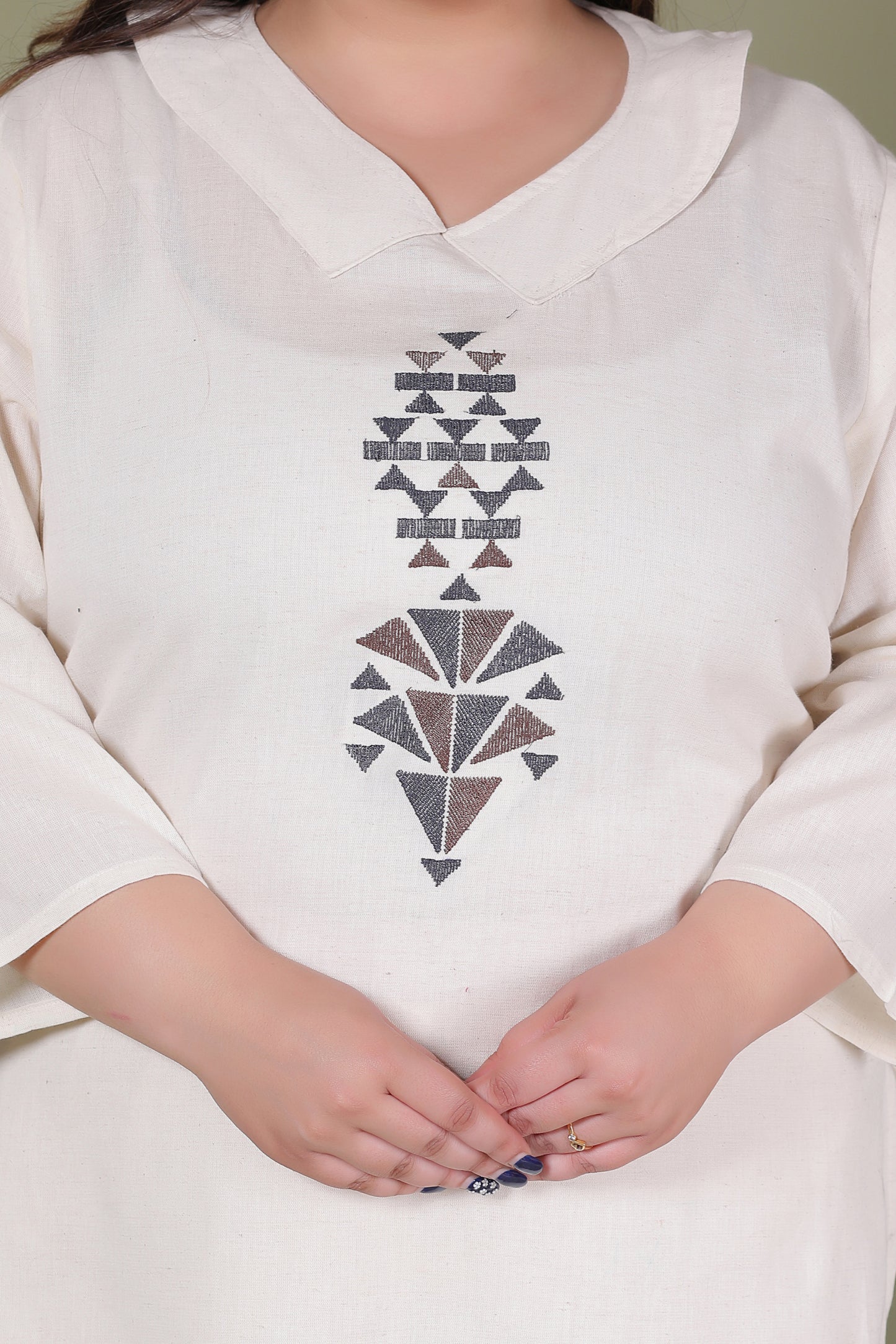 SOLID GEOMETRIC EMBROIDERY COTTON FLEX CO-ORD SET IN OFF WHITE BY PLUSSIZEKURTI