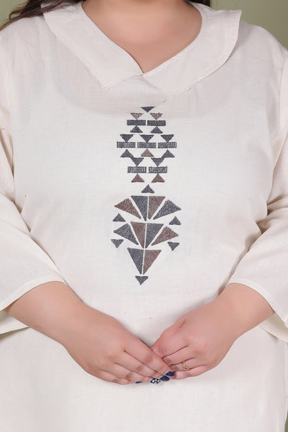 SOLID GEOMETRIC EMBROIDERY COTTON FLEX CO-ORD SET IN OFF WHITE BY PLUSSIZEKURTI