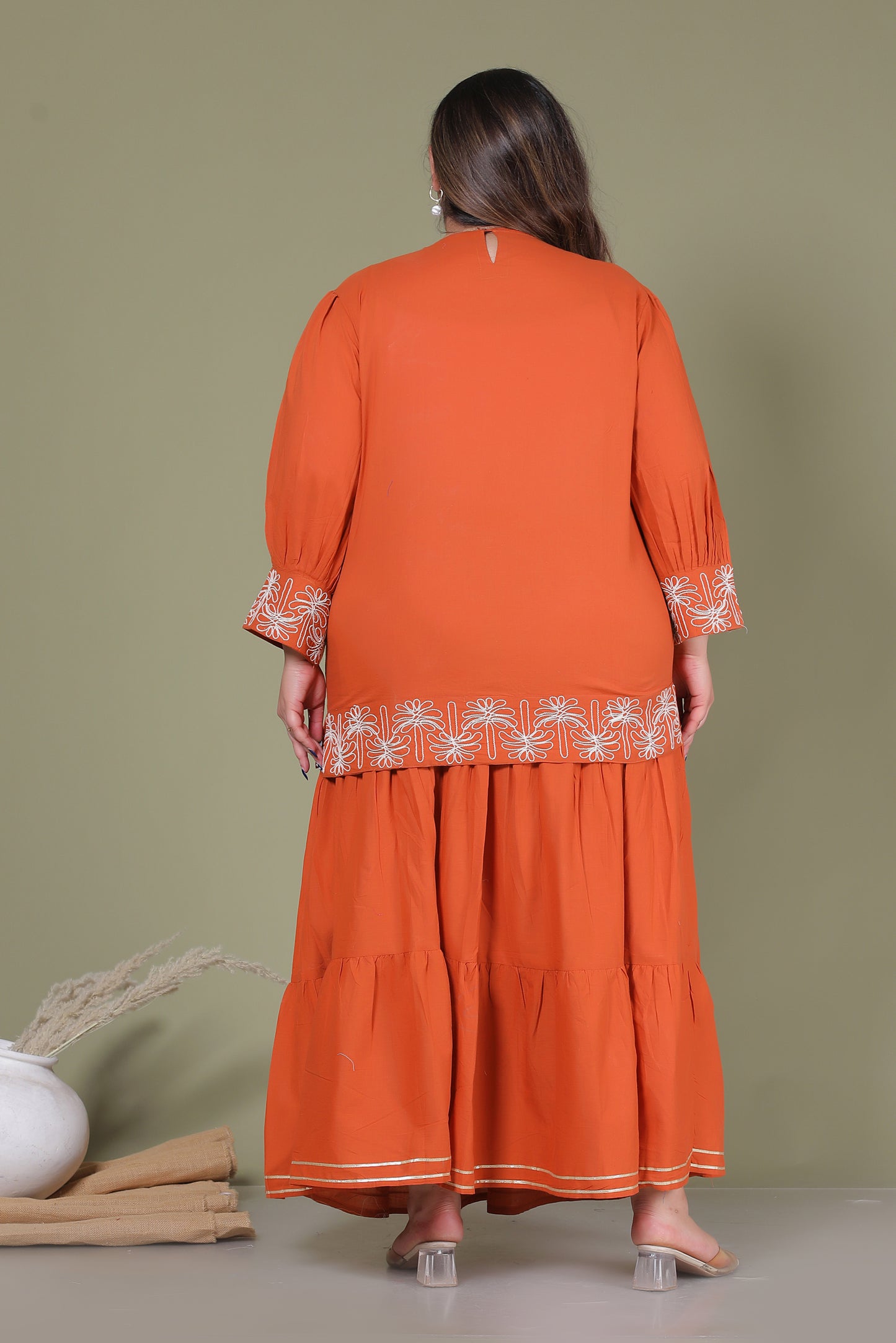 SOLID BLOOM EMBROIDERY COTTON TOP IN RUST ORANGE COLOUR BY PLUSSIZEKURTI