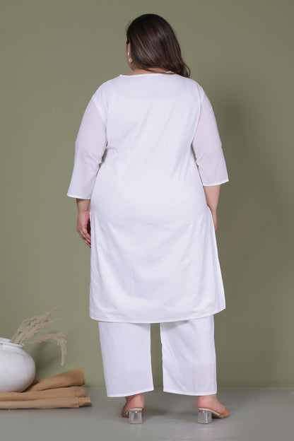 CLASSIC SOLID EMBROIDERY COTTON 3 PEICE KURTA PANT IN WHITE/ PINK BY PLUSSIZEKURTI