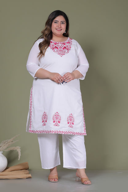 CLASSIC SOLID EMBROIDERY COTTON 3 PEICE KURTA PANT IN WHITE/ PINK BY PLUSSIZEKURTI