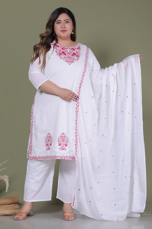 CLASSIC SOLID EMBROIDERY COTTON 3 PEICE KURTA PANT IN WHITE/ PINK BY PLUSSIZEKURTI