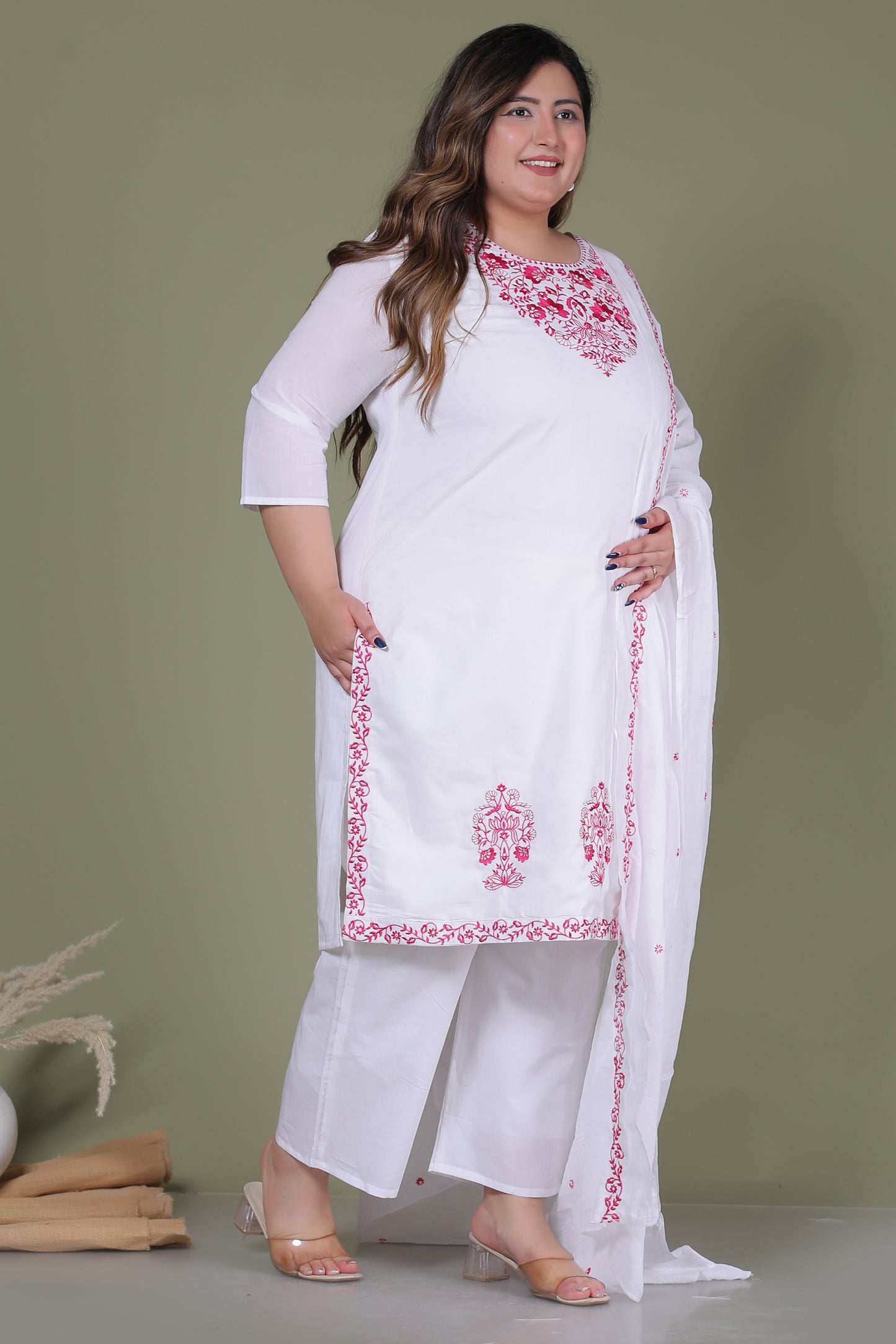 CLASSIC SOLID EMBROIDERY COTTON 3 PEICE KURTA PANT IN WHITE/ PINK BY PLUSSIZEKURTI