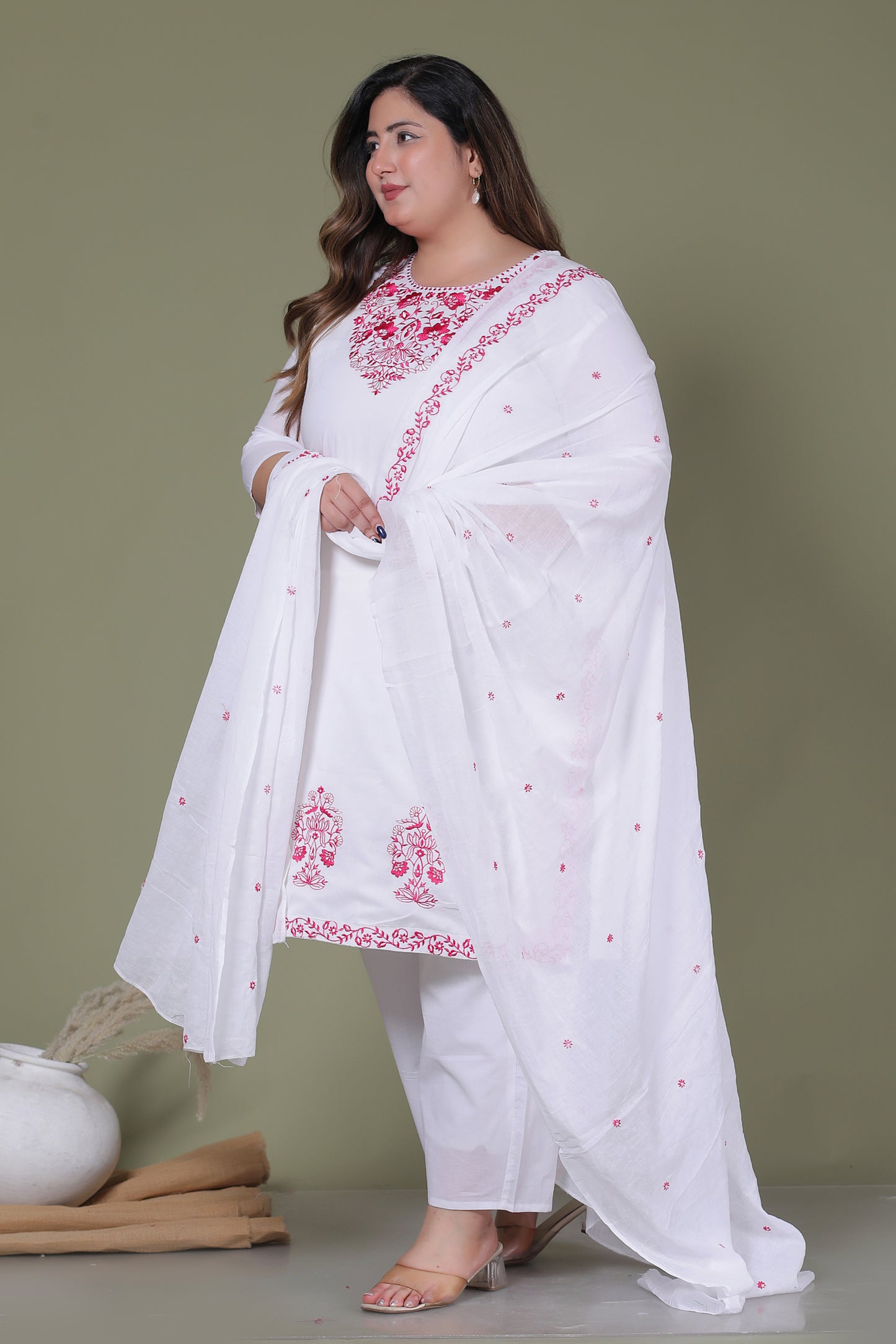 CLASSIC SOLID EMBROIDERY COTTON 3 PEICE KURTA PANT IN WHITE/ PINK BY PLUSSIZEKURTI