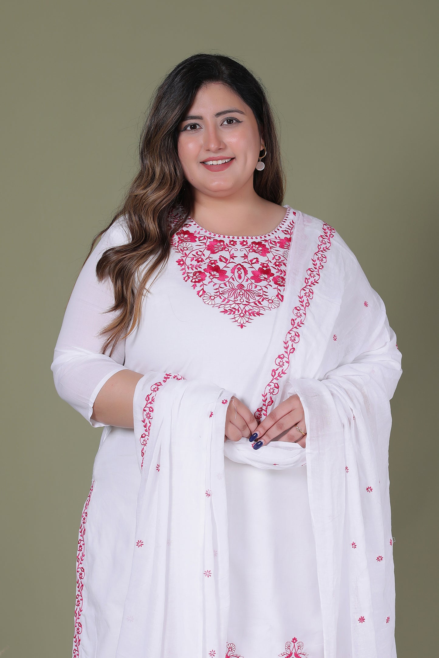 CLASSIC SOLID EMBROIDERY COTTON 3 PEICE KURTA PANT IN WHITE/ PINK BY PLUSSIZEKURTI