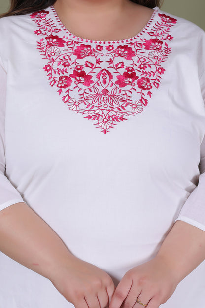 CLASSIC SOLID EMBROIDERY COTTON 3 PEICE KURTA PANT IN WHITE/ PINK BY PLUSSIZEKURTI