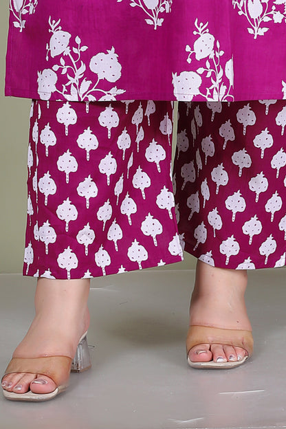 BAGRU HANDBLOCK PRINT COTTON 3 PEICE KURTI PANT SET IN WINE PURPLE BY PLUSSIZEKURTI
