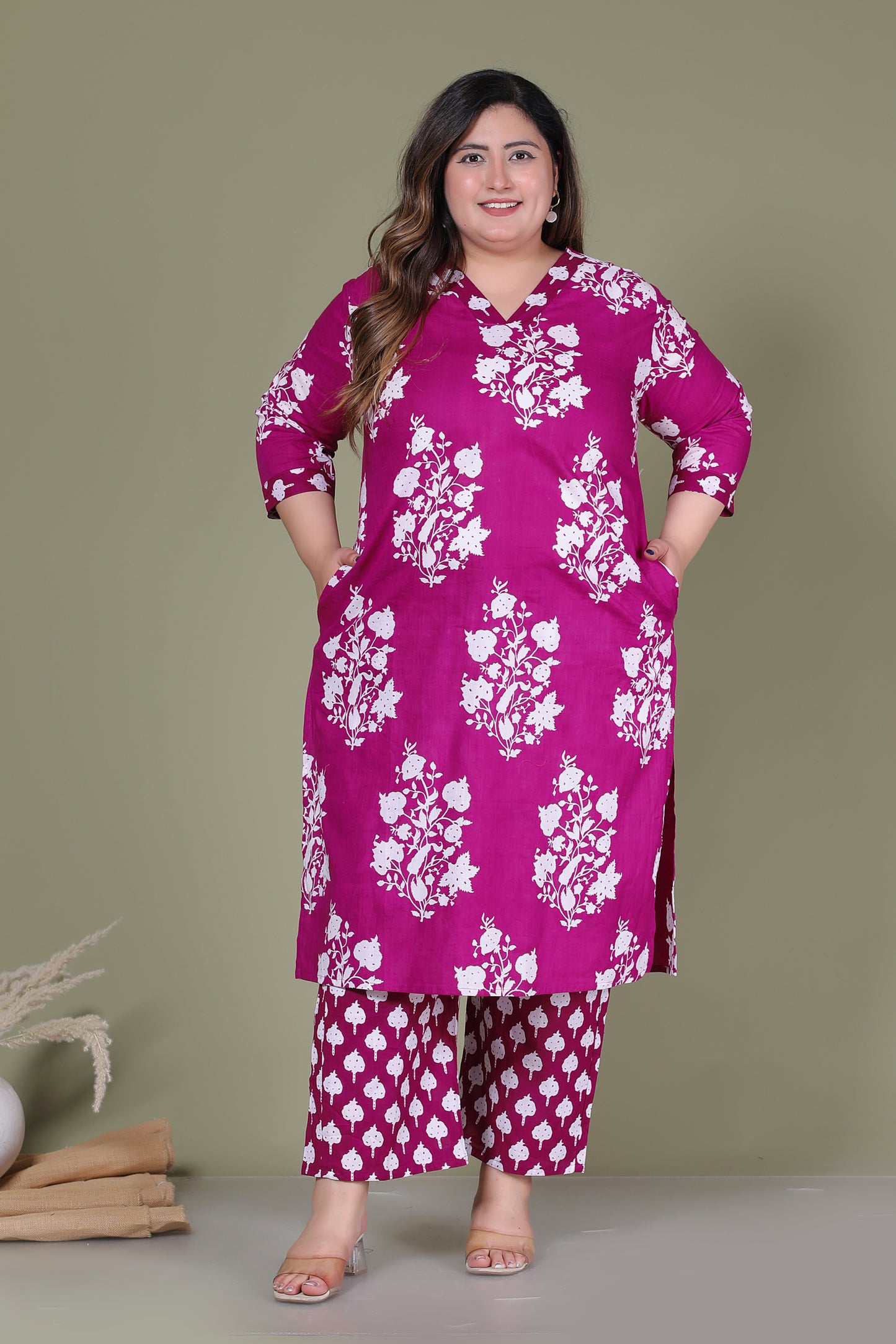 BAGRU HANDBLOCK PRINT COTTON 3 PEICE KURTI PANT SET IN WINE PURPLE BY PLUSSIZEKURTI