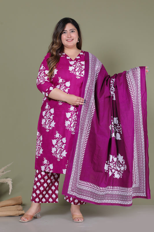 BAGRU HANDBLOCK PRINT COTTON 3 PEICE KURTI PANT SET IN WINE PURPLE BY PLUSSIZEKURTI