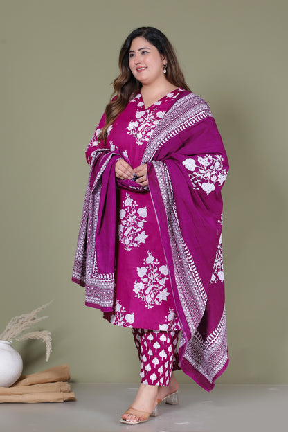 BAGRU HANDBLOCK PRINT COTTON 3 PEICE KURTI PANT SET IN WINE PURPLE BY PLUSSIZEKURTI
