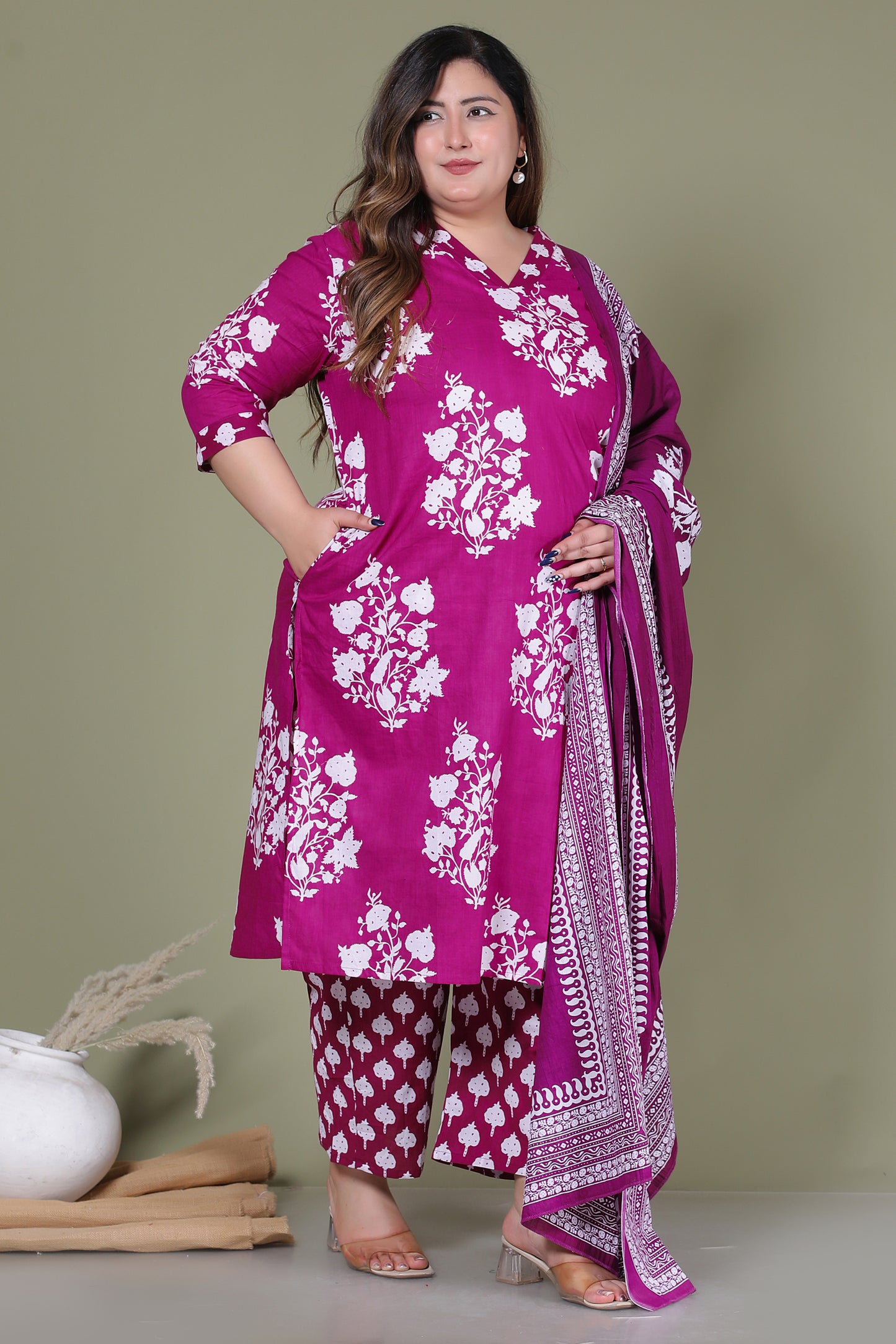 BAGRU HANDBLOCK PRINT COTTON 3 PEICE KURTI PANT SET IN WINE PURPLE BY PLUSSIZEKURTI