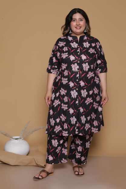 FLORAL PLACEMENT PRINT COTTON 2 PEICE KURTA PANT IN BLACK BY PLUSSIZEKURTI