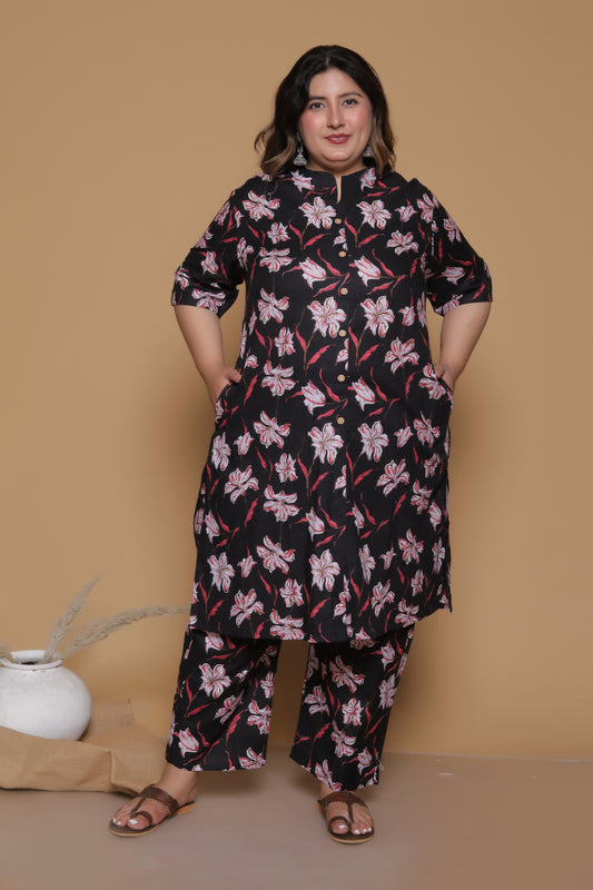 FLORAL PLACEMENT PRINT COTTON 2 PEICE KURTA PANT IN BLACK BY PLUSSIZEKURTI