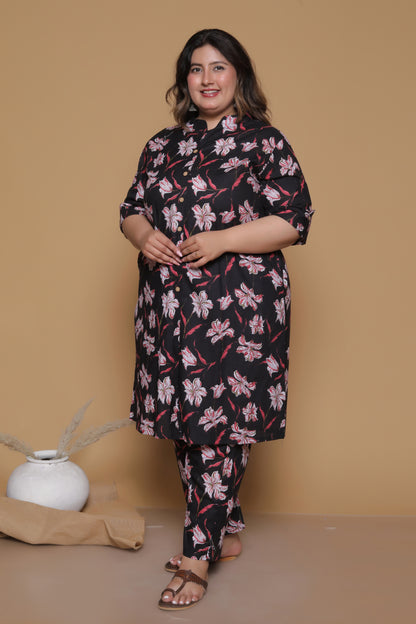 FLORAL PLACEMENT PRINT COTTON 2 PEICE KURTA PANT IN BLACK BY PLUSSIZEKURTI