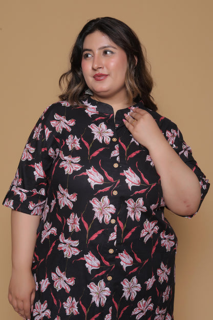 FLORAL PLACEMENT PRINT COTTON 2 PEICE KURTA PANT IN BLACK BY PLUSSIZEKURTI