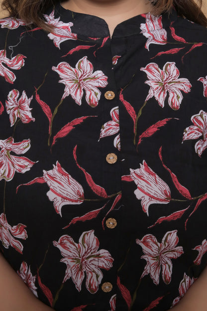 FLORAL PLACEMENT PRINT COTTON 2 PEICE KURTA PANT IN BLACK BY PLUSSIZEKURTI