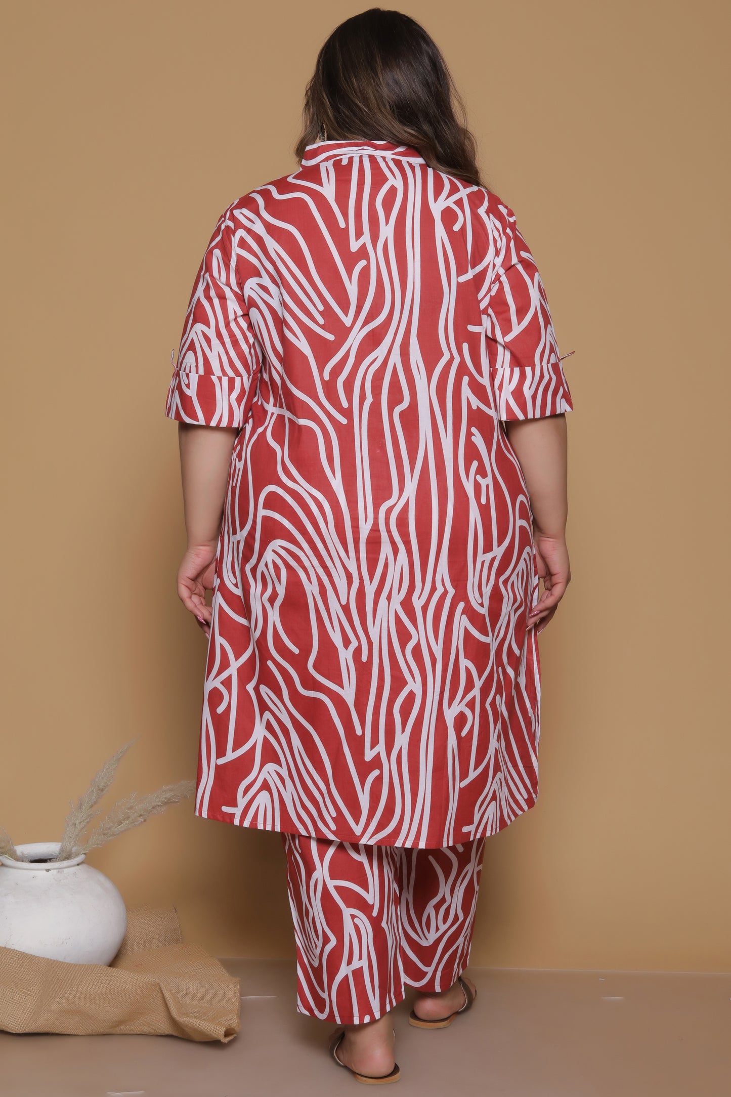 ABSTRACT PRINT COTTON 2 PEICE KURTA PANT IN RUSTRED/WHITE BY PLUSSIZEKURTI