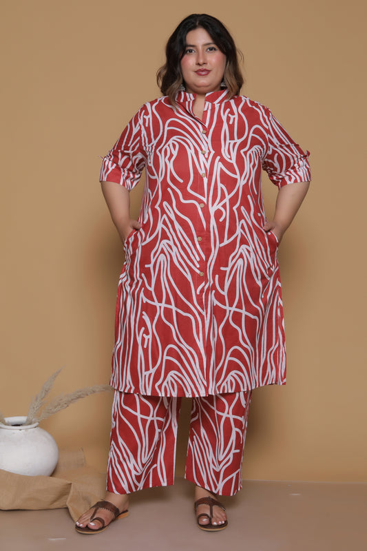 ABSTRACT PRINT COTTON 2 PEICE KURTA PANT IN RUSTRED/WHITE BY PLUSSIZEKURTI