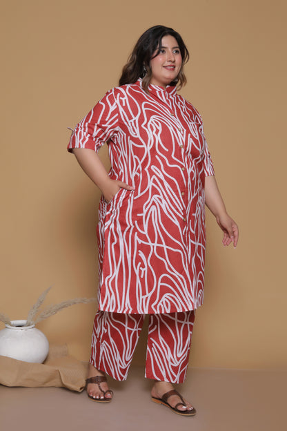 ABSTRACT PRINT COTTON 2 PEICE KURTA PANT IN RUSTRED/WHITE BY PLUSSIZEKURTI