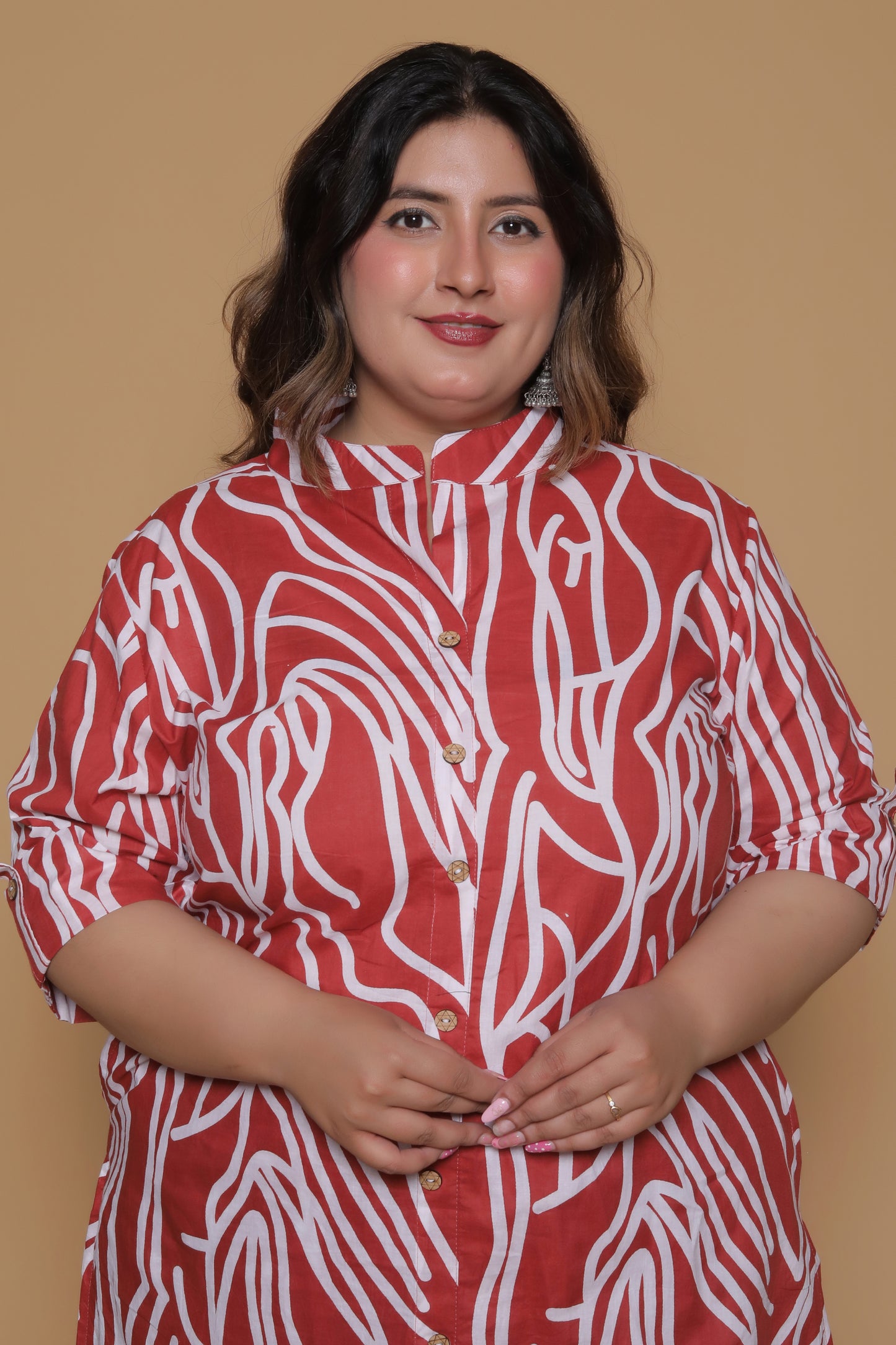 ABSTRACT PRINT COTTON 2 PEICE KURTA PANT IN RUSTRED/WHITE BY PLUSSIZEKURTI