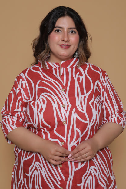 ABSTRACT PRINT COTTON 2 PEICE KURTA PANT IN RUSTRED/WHITE BY PLUSSIZEKURTI