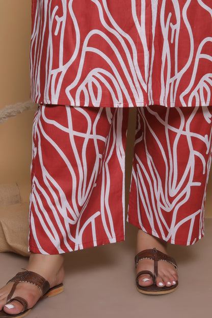 ABSTRACT PRINT COTTON 2 PEICE KURTA PANT IN RUSTRED/WHITE BY PLUSSIZEKURTI
