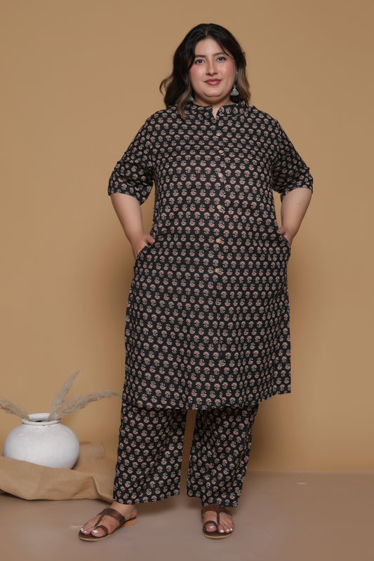 ETHNIC MOTIF PRINT COTTON 2 PEICE KURTA PANT IN BLACK BY PLUSSIZEKURTI