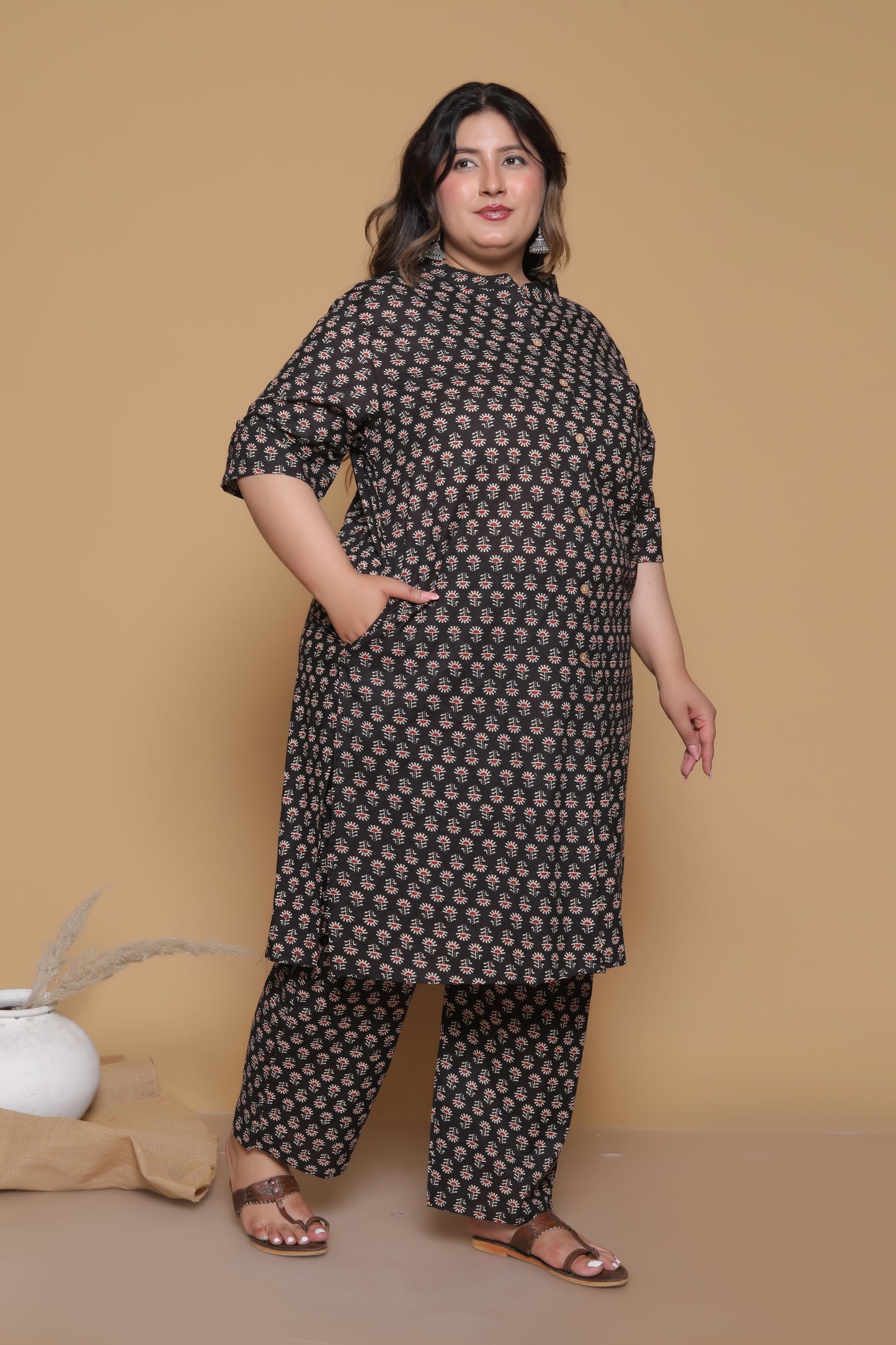 ETHNIC MOTIF PRINT COTTON 2 PEICE KURTA PANT IN BLACK BY PLUSSIZEKURTI