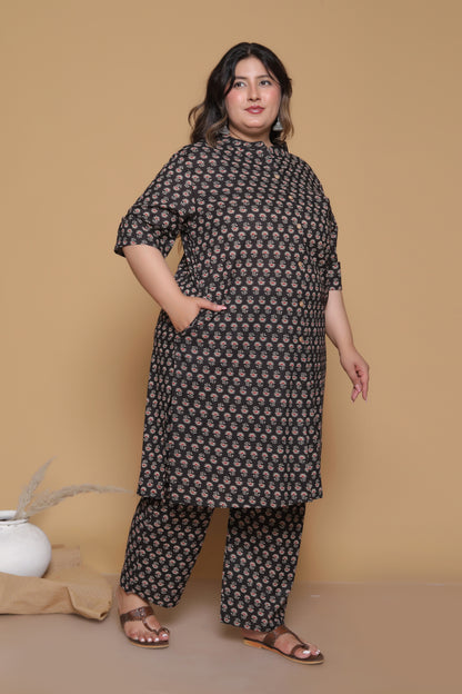 ETHNIC MOTIF PRINT COTTON 2 PEICE KURTA PANT IN BLACK BY PLUSSIZEKURTI