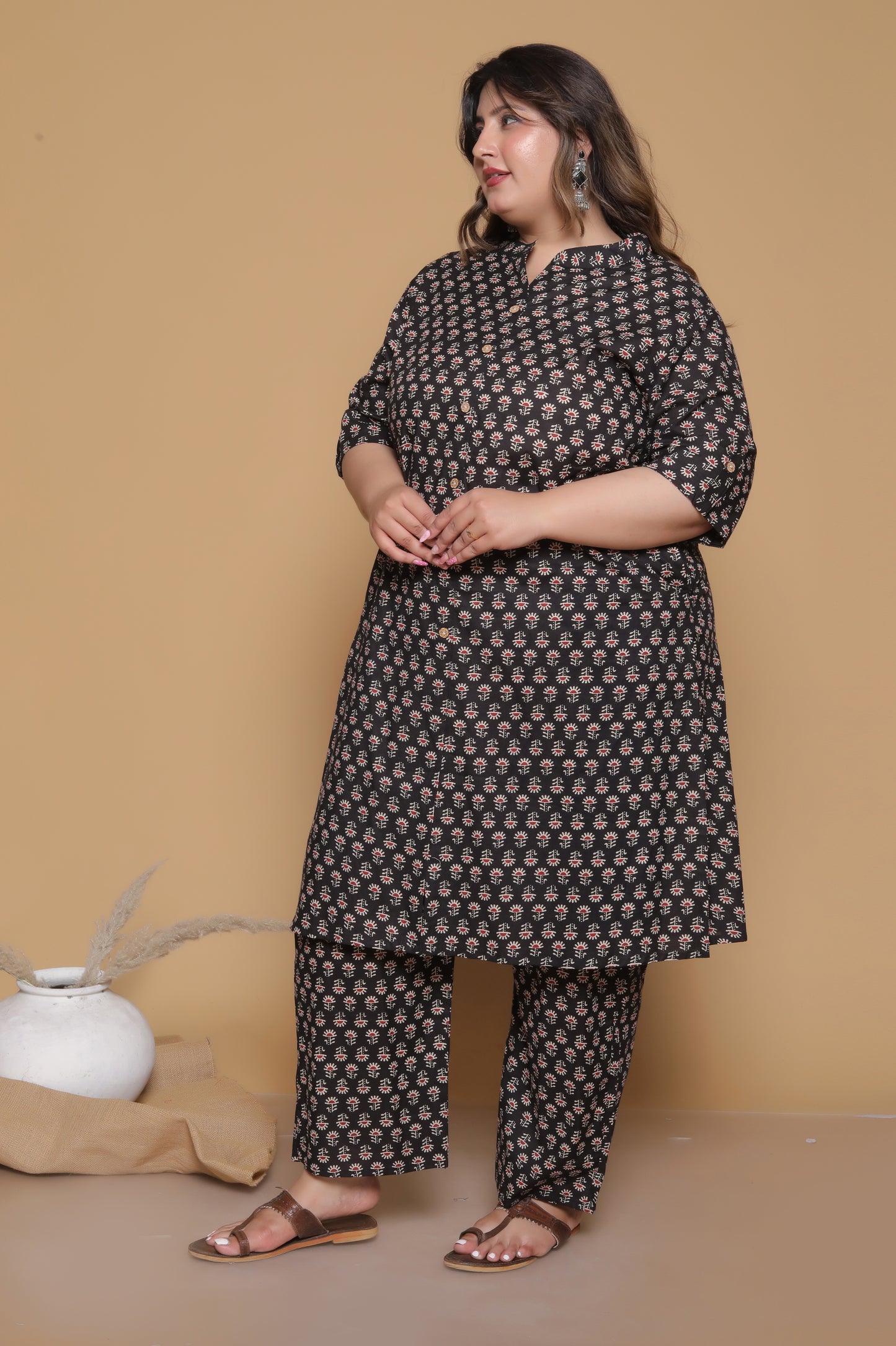 ETHNIC MOTIF PRINT COTTON 2 PEICE KURTA PANT IN BLACK BY PLUSSIZEKURTI