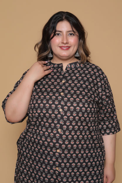 ETHNIC MOTIF PRINT COTTON 2 PEICE KURTA PANT IN BLACK BY PLUSSIZEKURTI