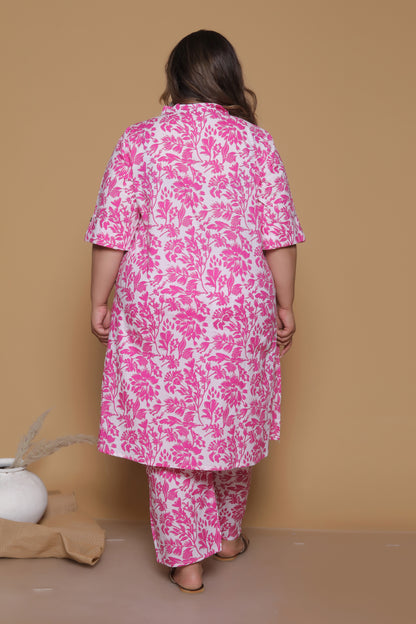 FLORAL JAAL PRINT COTTON 2 PEICE KURTA PANT IN PINK/WHITE BY PLUSSIZEKURTI