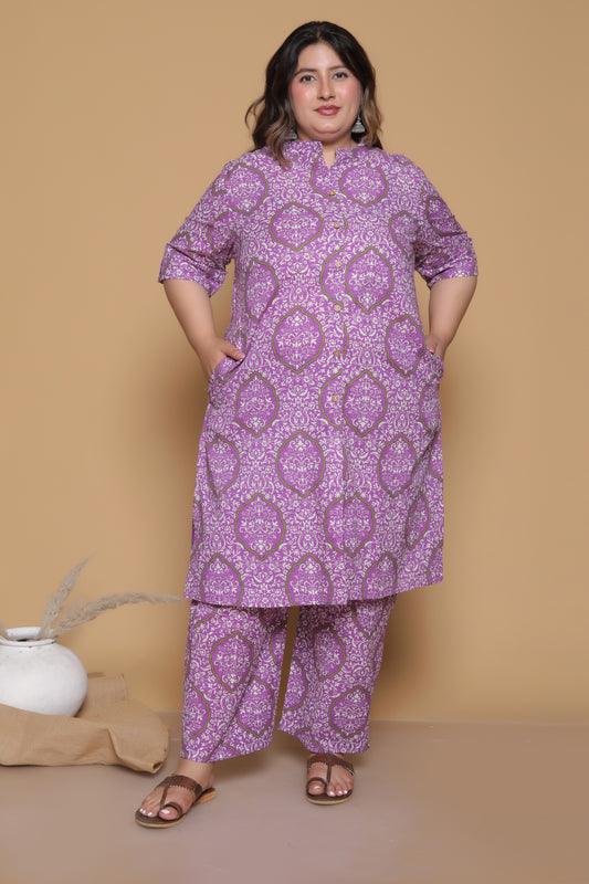 FLORAL JAAL PRINT COTTON 2 PEICE KURTA PANT IN PURPLE/WHITE BY PLUSSIZEKURTI