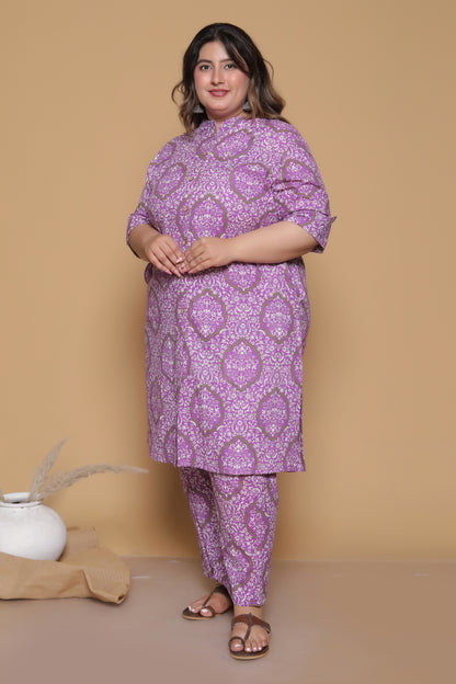 FLORAL JAAL PRINT COTTON 2 PEICE KURTA PANT IN PURPLE/WHITE BY PLUSSIZEKURTI