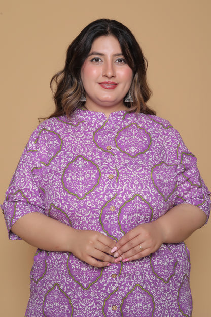 FLORAL JAAL PRINT COTTON 2 PEICE KURTA PANT IN PURPLE/WHITE BY PLUSSIZEKURTI