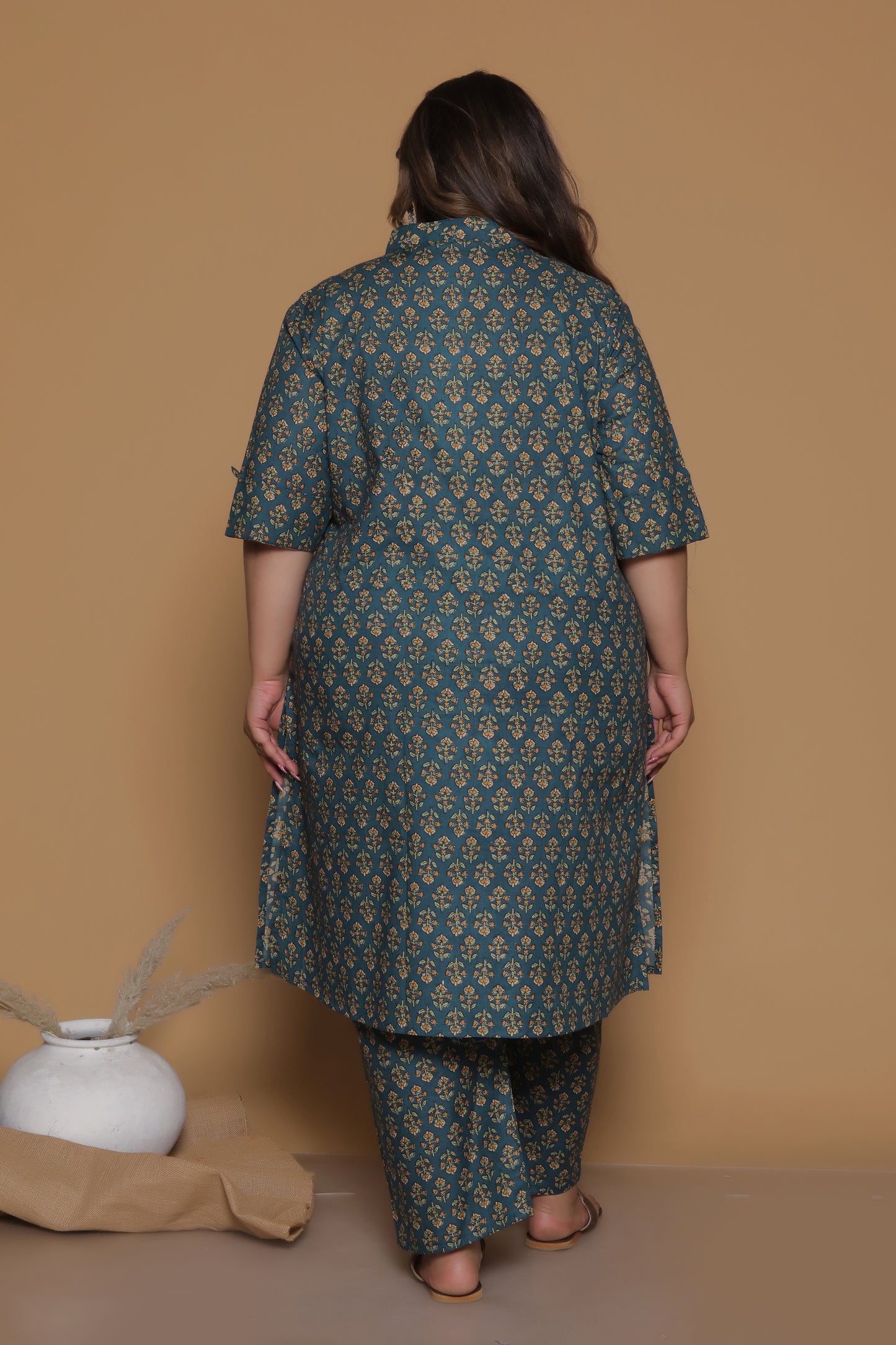 FLORAL BUTA PRINT COTTON 2 PEICE KURTA PANT IN BOTTLEGREEN/MUSTURD BY PLUSSIZEKURTI